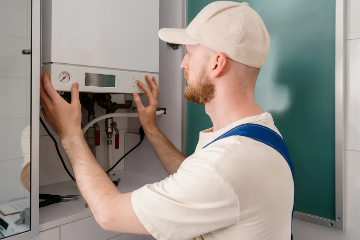 Technician testing boiler controls and temperature settings during a heating system diagnostic
